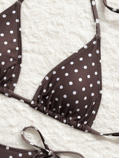 Vaytide Women's Brown Polka Dot 3 Pieces Swimwear Set,Summer Casual Beach Holiday Vacation Micro Triangle High Cut Side Tie Ruched Bikini Bathing Suit