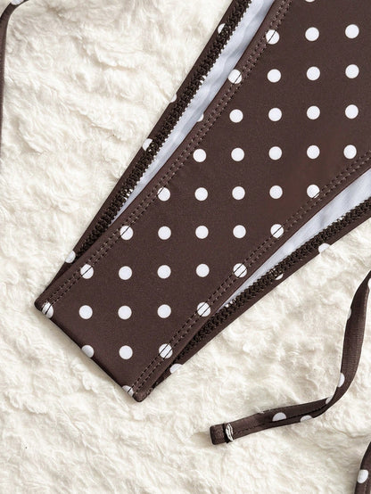 Vaytide Women's Brown Polka Dot 3 Pieces Swimwear Set,Summer Casual Beach Holiday Vacation Micro Triangle High Cut Side Tie Ruched Bikini Bathing Suit