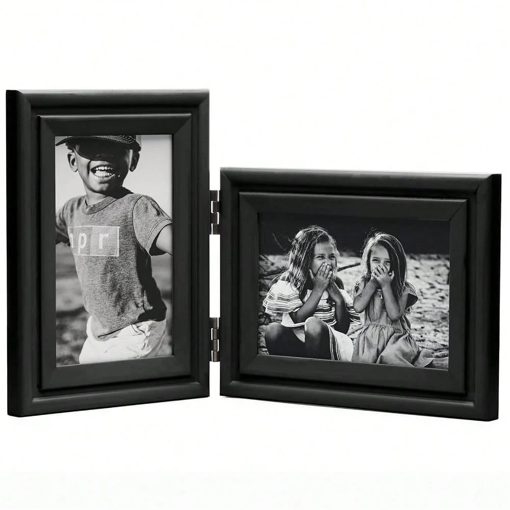 Ve..Rtical & Horizontal 4X6 Picture Frames Double Hinged Wood Folding Photo Frames With Real Glass Front Fit For Desktop Or Tabletop, Black
