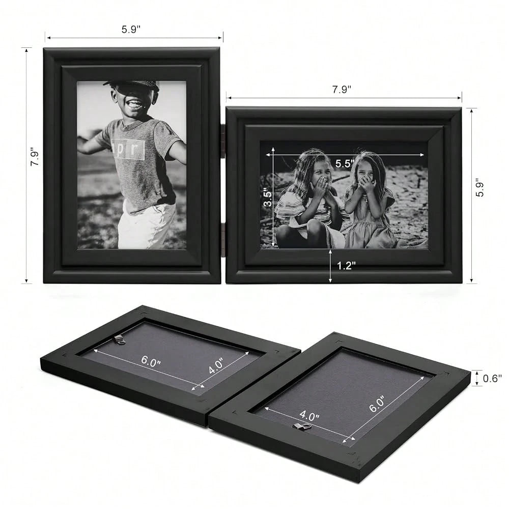 Ve..Rtical & Horizontal 4X6 Picture Frames Double Hinged Wood Folding Photo Frames With Real Glass Front Fit For Desktop Or Tabletop, Black