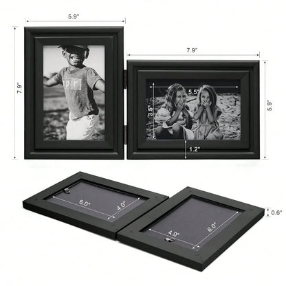 Ve..Rtical & Horizontal 4X6 Picture Frames Double Hinged Wood Folding Photo Frames With Real Glass Front Fit For Desktop Or Tabletop, Black