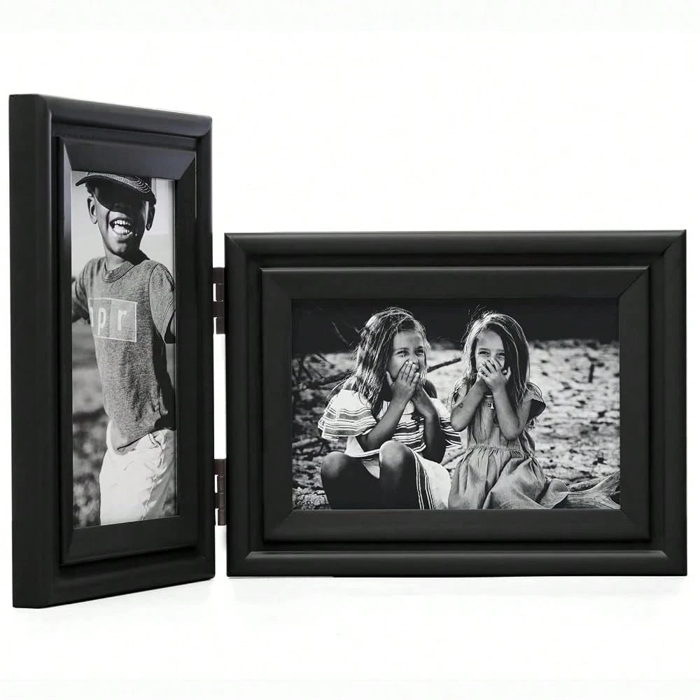 Ve..Rtical & Horizontal 4X6 Picture Frames Double Hinged Wood Folding Photo Frames With Real Glass Front Fit For Desktop Or Tabletop, Black