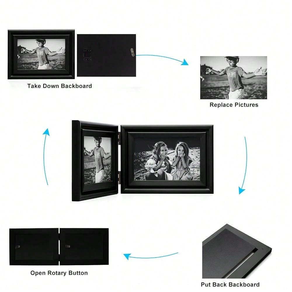 Ve..Rtical & Horizontal 4X6 Picture Frames Double Hinged Wood Folding Photo Frames With Real Glass Front Fit For Desktop Or Tabletop, Black