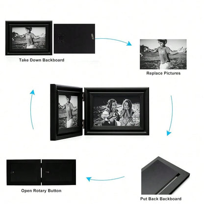 Ve..Rtical & Horizontal 4X6 Picture Frames Double Hinged Wood Folding Photo Frames With Real Glass Front Fit For Desktop Or Tabletop, Black