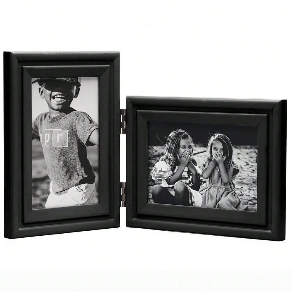 Ve..Rtical & Horizontal 4X6 Picture Frames Double Hinged Wood Folding Photo Frames With Real Glass Front Fit For Desktop Or Tabletop, Black