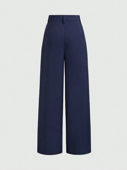 Vela Rue Minimalist Design Pants, Thin Solid Navy Blue Suit Pants With Zipper & Hook Closure, Flared Leg Slimming Trousers, Fashionable All Season Spring, Office Siren