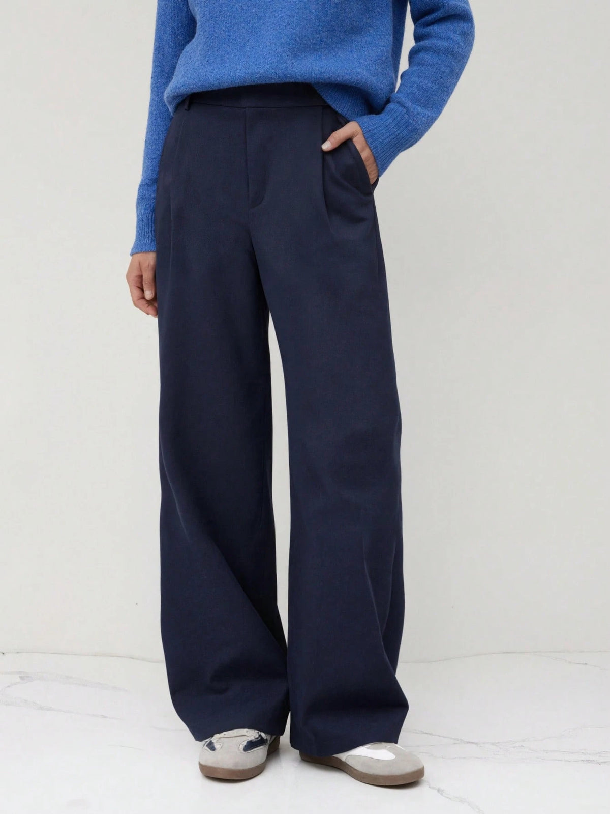 Vela Rue Minimalist Design Pants, Thin Solid Navy Blue Suit Pants With Zipper & Hook Closure, Flared Leg Slimming Trousers, Fashionable All Season Spring, Office Siren