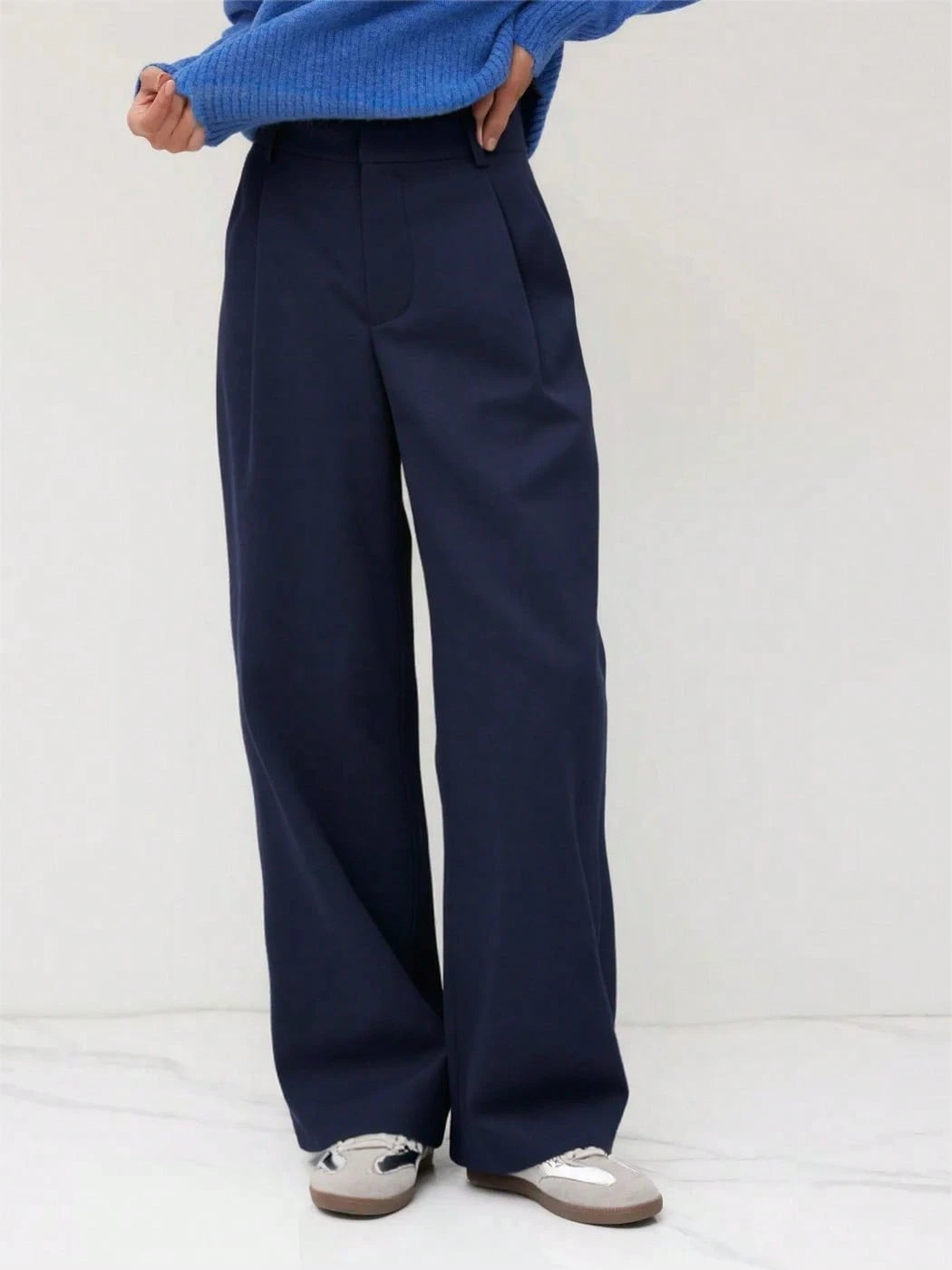 Vela Rue Minimalist Design Pants, Thin Solid Navy Blue Suit Pants With Zipper & Hook Closure, Flared Leg Slimming Trousers, Fashionable All Season Spring, Office Siren
