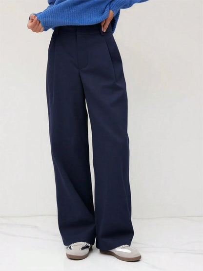 Vela Rue Minimalist Design Pants, Thin Solid Navy Blue Suit Pants With Zipper & Hook Closure, Flared Leg Slimming Trousers, Fashionable All Season Spring, Office Siren