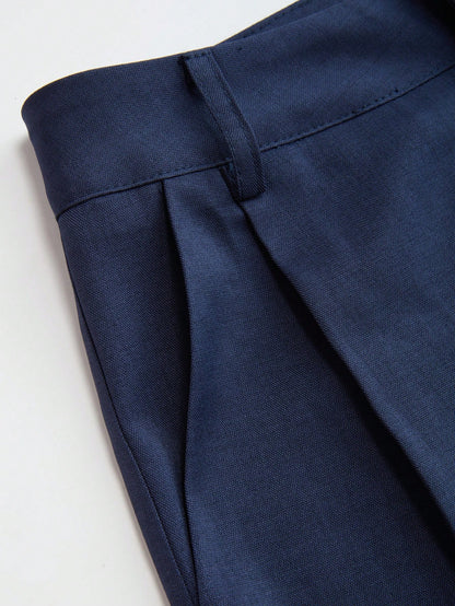 Vela Rue Minimalist Design Pants, Thin Solid Navy Blue Suit Pants With Zipper & Hook Closure, Flared Leg Slimming Trousers, Fashionable All Season Spring, Office Siren