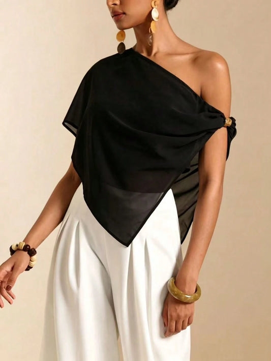 Vesra Women's Summer Asymmetric One-Shoulder Blouse With Metal Decor