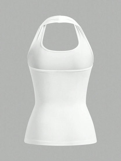 Veykashi Plus Size Women White Tight Cropped Halter Neck Tank Top, Suitable For Summer