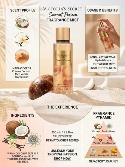 Victoria's Secret Body Mist For Women Coconut Passion 8.4oz/250ml- Perfume For Long Lasting Suitable For Birthday, Office, Gift, Daily Use