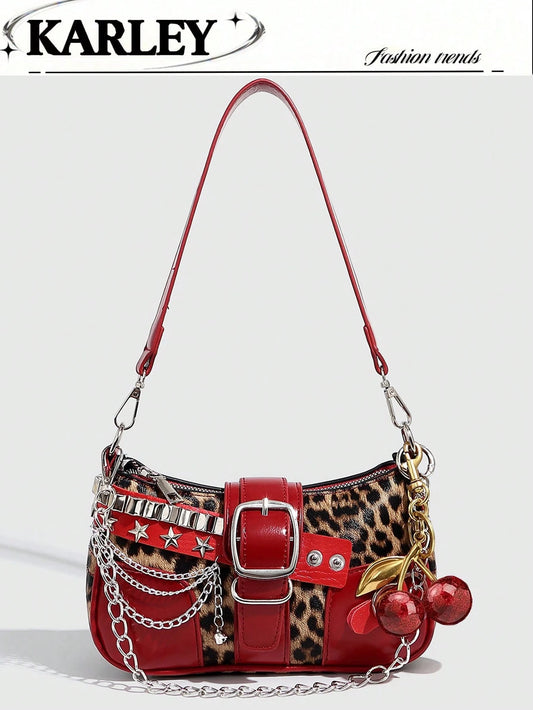 Vintage Color-Block Crescent Bag, Decorative Chain Bag, Y2K Style Hot Girl Bag, Shoulder Underarm Bag, Fashionable Shoulder Crossbody Bag