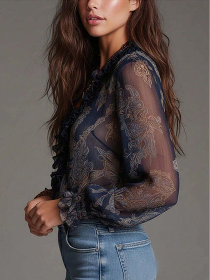 Vintage Design Elegant Vacation Style Baroque Paisley Pattern Ruffle Zipper Chiffon Blouse, All-Over Floral Print Chiffon Zipper Sheer Blouse For Women, Casual & Holiday Wear, Spring/Summer