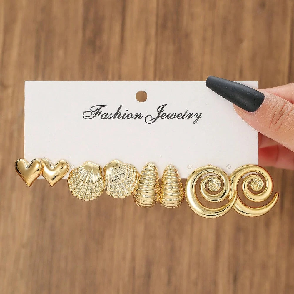 Vintage Geometric CCB Earring Set, 4 Pcs Creative Shell Heart Cat Paw Stud Earrings, Fashion Dainty Ear Jewelry For Women Daily Outfit Gift Matching