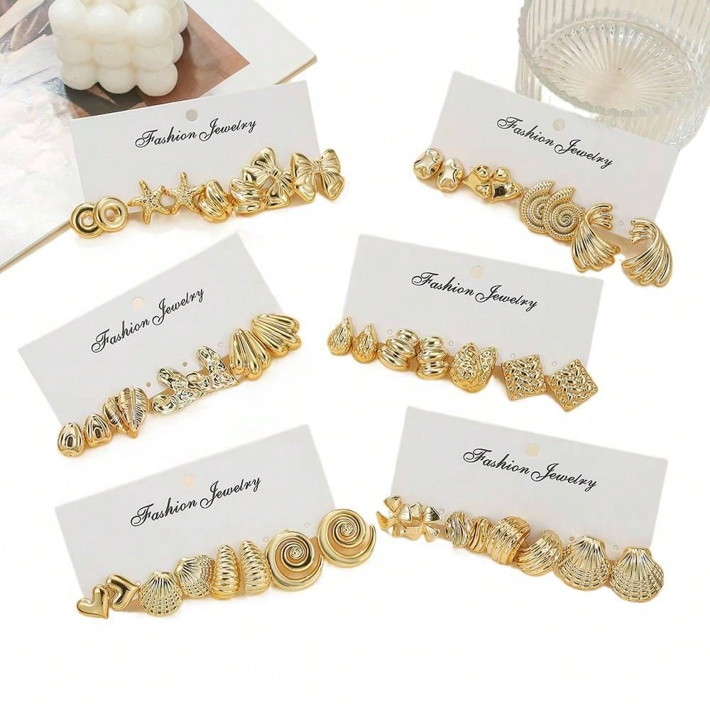 Vintage Geometric CCB Earring Set, 4 Pcs Creative Shell Heart Cat Paw Stud Earrings, Fashion Dainty Ear Jewelry For Women Daily Outfit Gift Matching