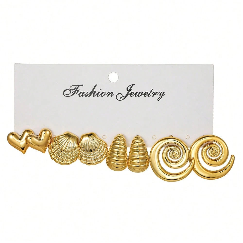 Vintage Geometric CCB Earring Set, 4 Pcs Creative Shell Heart Cat Paw Stud Earrings, Fashion Dainty Ear Jewelry For Women Daily Outfit Gift Matching
