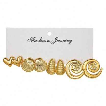 Vintage Geometric CCB Earring Set, 4 Pcs Creative Shell Heart Cat Paw Stud Earrings, Fashion Dainty Ear Jewelry For Women Daily Outfit Gift Matching