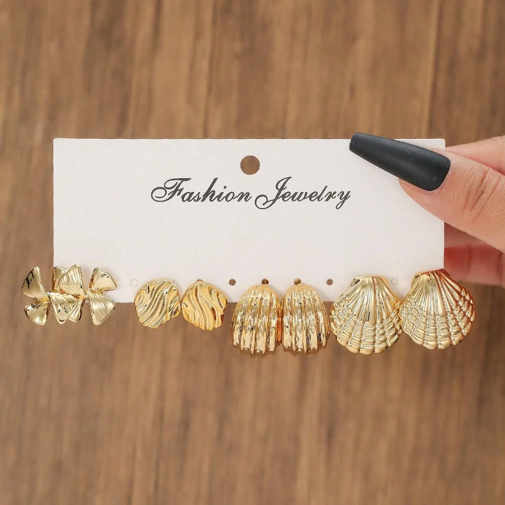 Vintage Geometric CCB Earring Set, 4 Pcs Creative Shell Heart Cat Paw Stud Earrings, Fashion Dainty Ear Jewelry For Women Daily Outfit Gift Matching