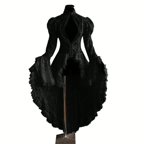 Vintage Gothic Ball Gown, Women's Stand Collar Lace Patchwork Party Dress