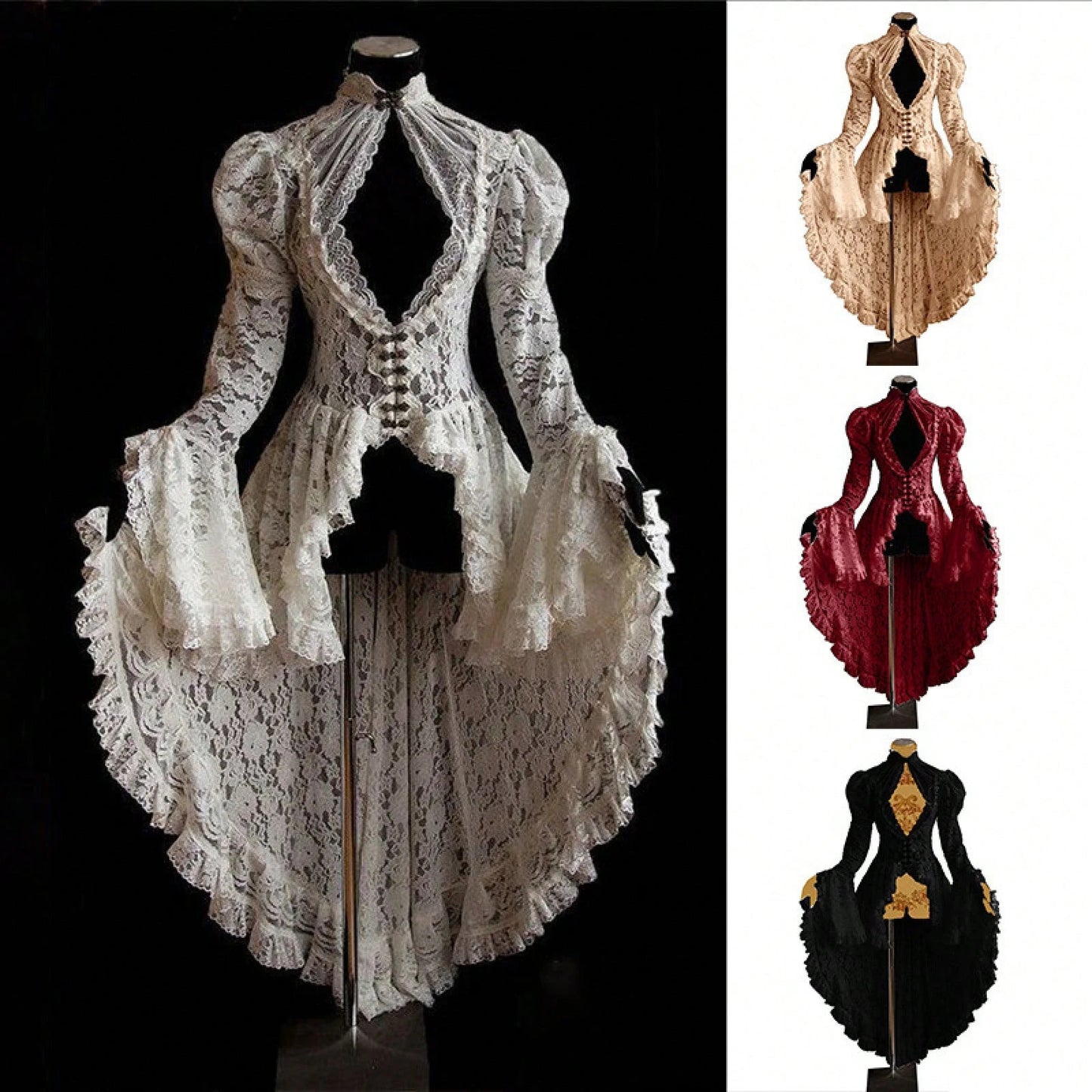 Vintage Gothic Ball Gown, Women's Stand Collar Lace Patchwork Party Dress