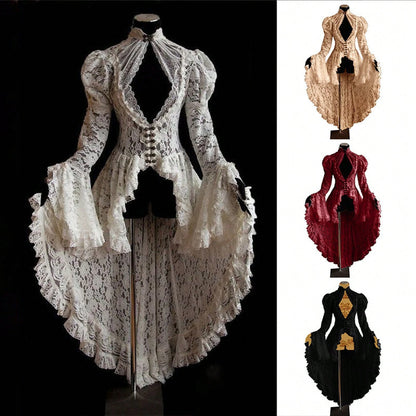 Vintage Gothic Ball Gown, Women's Stand Collar Lace Patchwork Party Dress