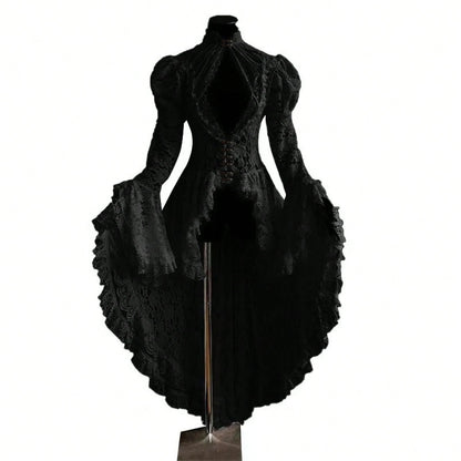 Vintage Gothic Ball Gown, Women's Stand Collar Lace Patchwork Party Dress