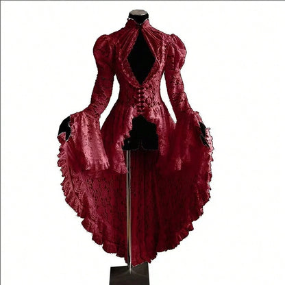 Vintage Gothic Ball Gown, Women's Stand Collar Lace Patchwork Party Dress