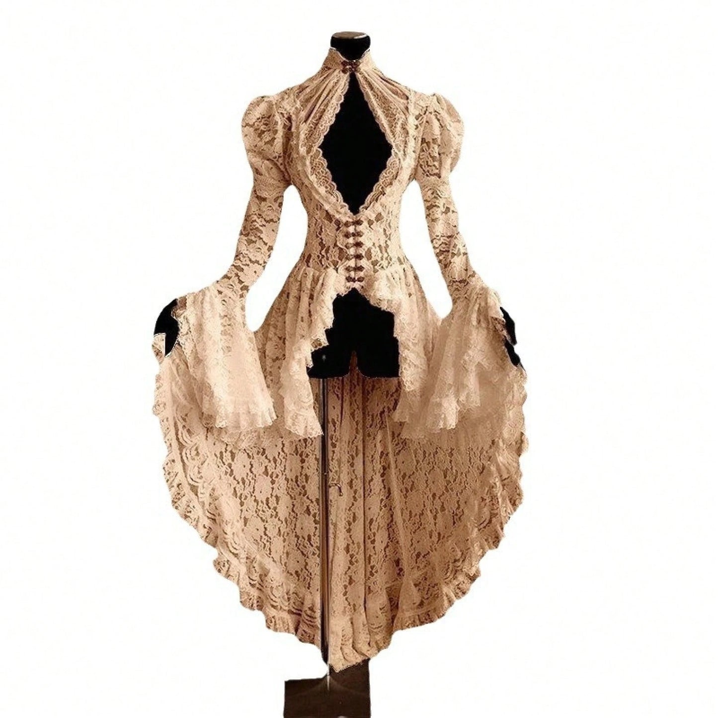 Vintage Gothic Ball Gown, Women's Stand Collar Lace Patchwork Party Dress