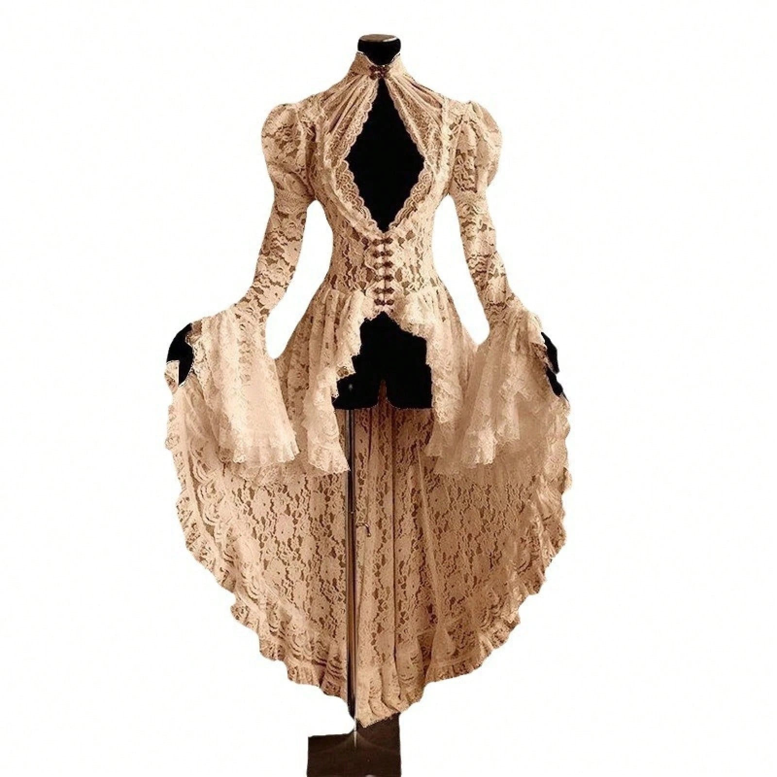 Vintage Gothic Ball Gown, Women's Stand Collar Lace Patchwork Party Dress