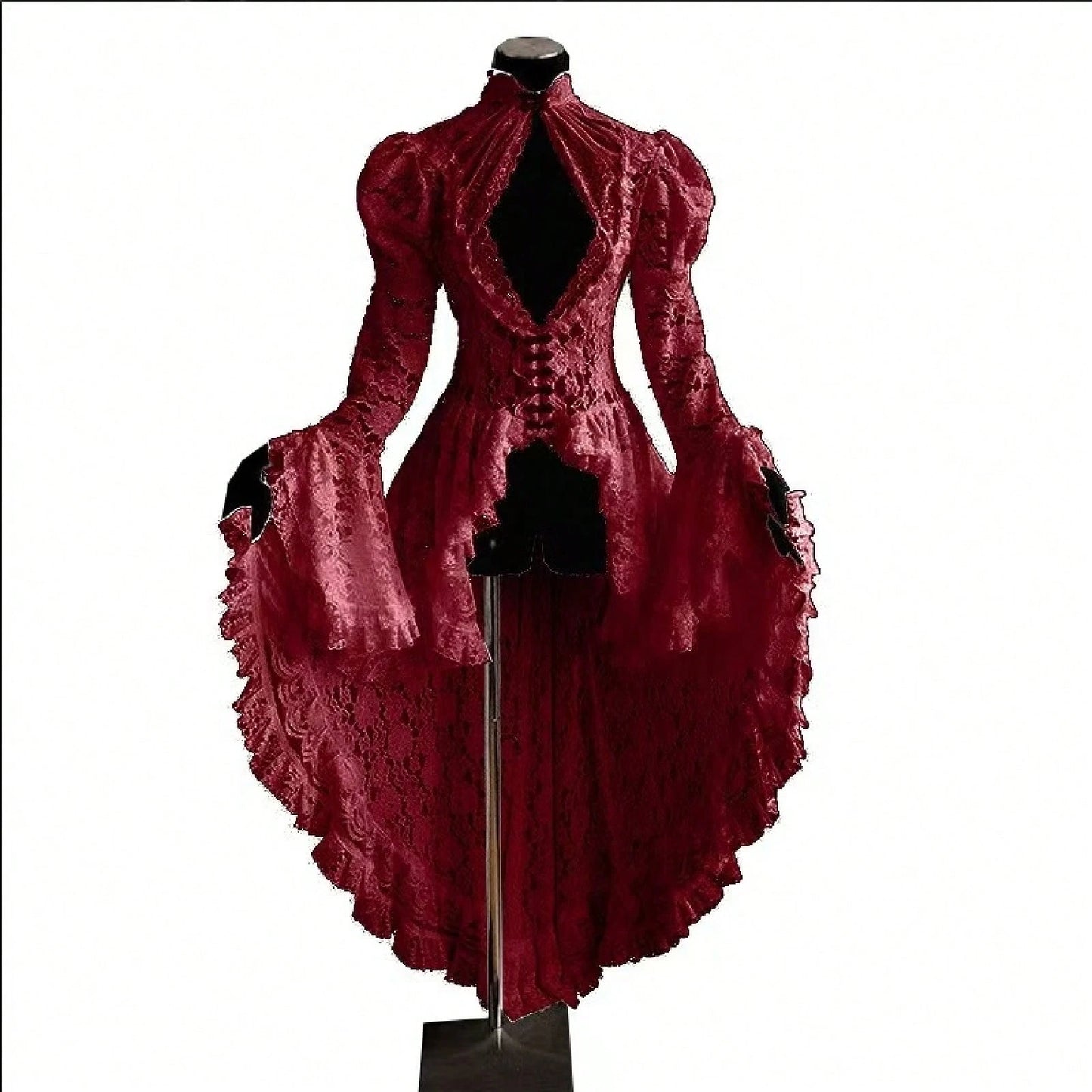 Vintage Gothic Ball Gown, Women's Stand Collar Lace Patchwork Party Dress
