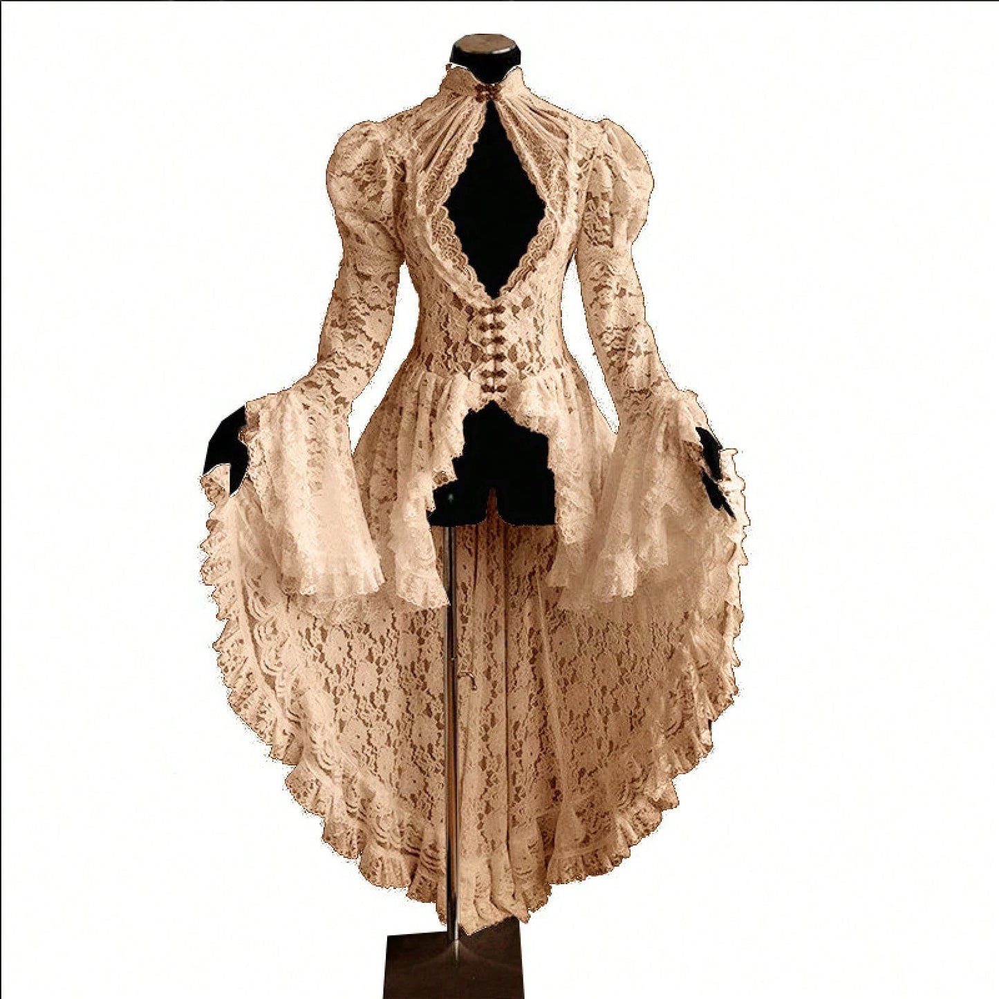 Vintage Gothic Ball Gown, Women's Stand Collar Lace Patchwork Party Dress