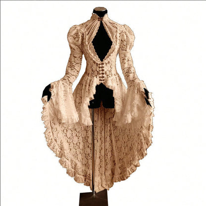 Vintage Gothic Ball Gown, Women's Stand Collar Lace Patchwork Party Dress