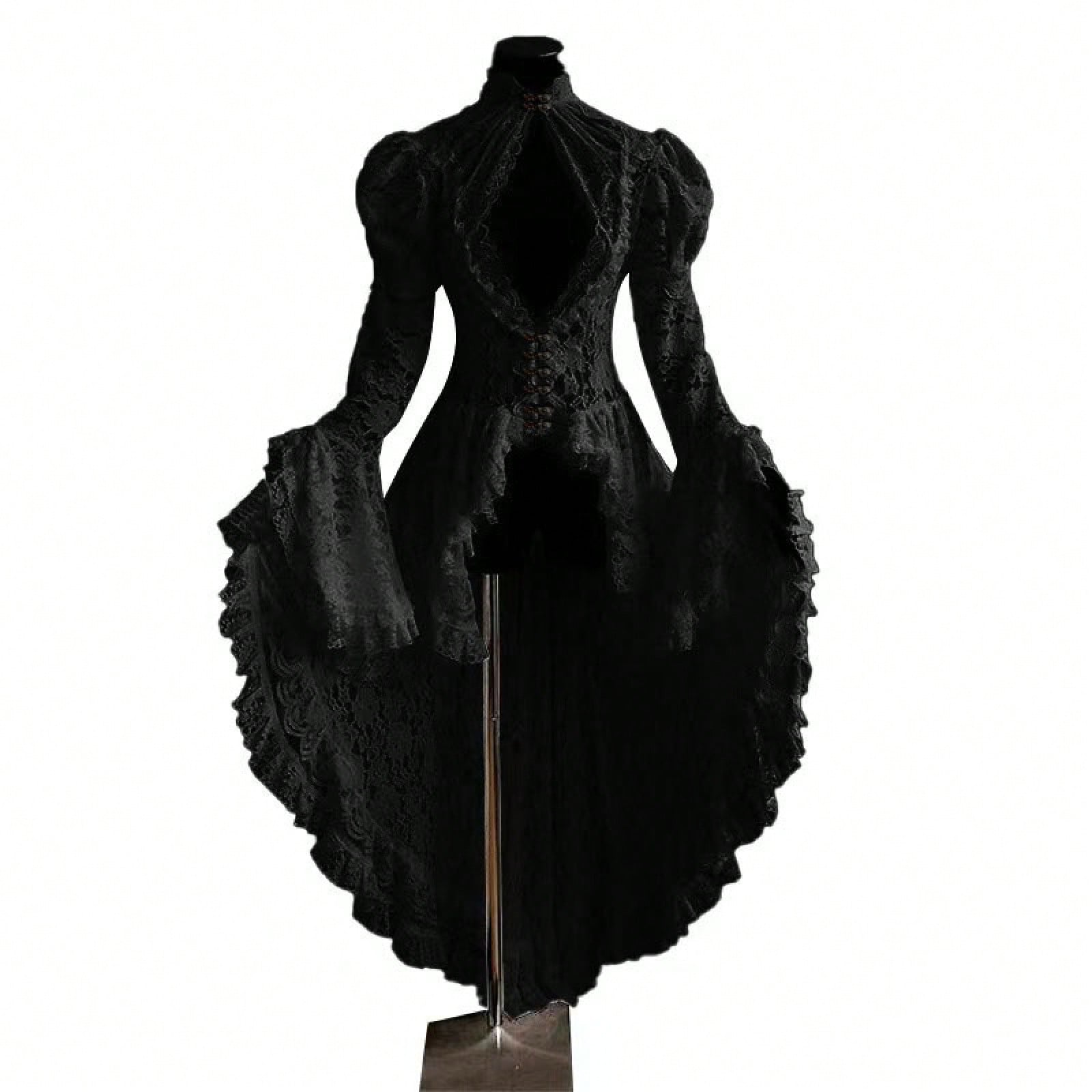Vintage Gothic Ball Gown, Women's Stand Collar Lace Patchwork Party Dress