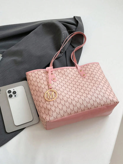 Vintage Letter Print Shoulder Tote Bag, Large Capacity Shoulder Bag, Underarm Bag Essential For Commuting, Mother's Day Gift,Pink Bag