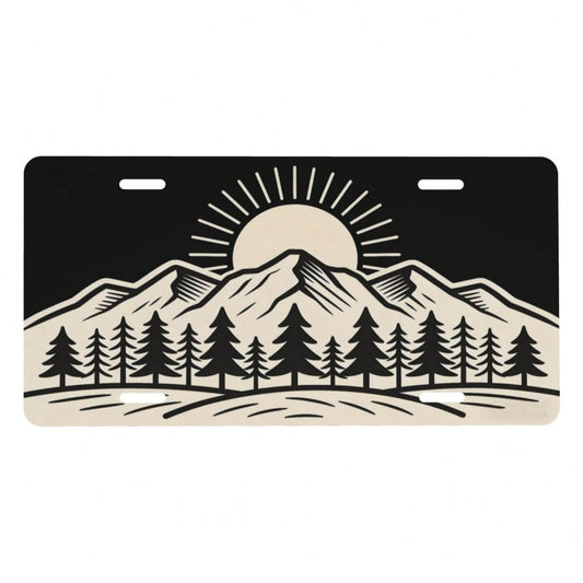 Vintage Mountain Pine Tree Sun Landscape Front License Plate Aluminum Decorative License Plates Funny Metal Car Plate Novelty Vanity Tag 6"X12" Car Decor Accessory With 4 Holes For Men Women License