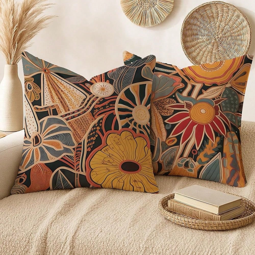 Vintage Red And Blue Floral Pillow Covers 18x18 Set Of 2, Elegant Classical Art Deco Flower Botanical Decorative Throw Pillow Covers For Home Bedroom Living Room, Double-Sided-4695
