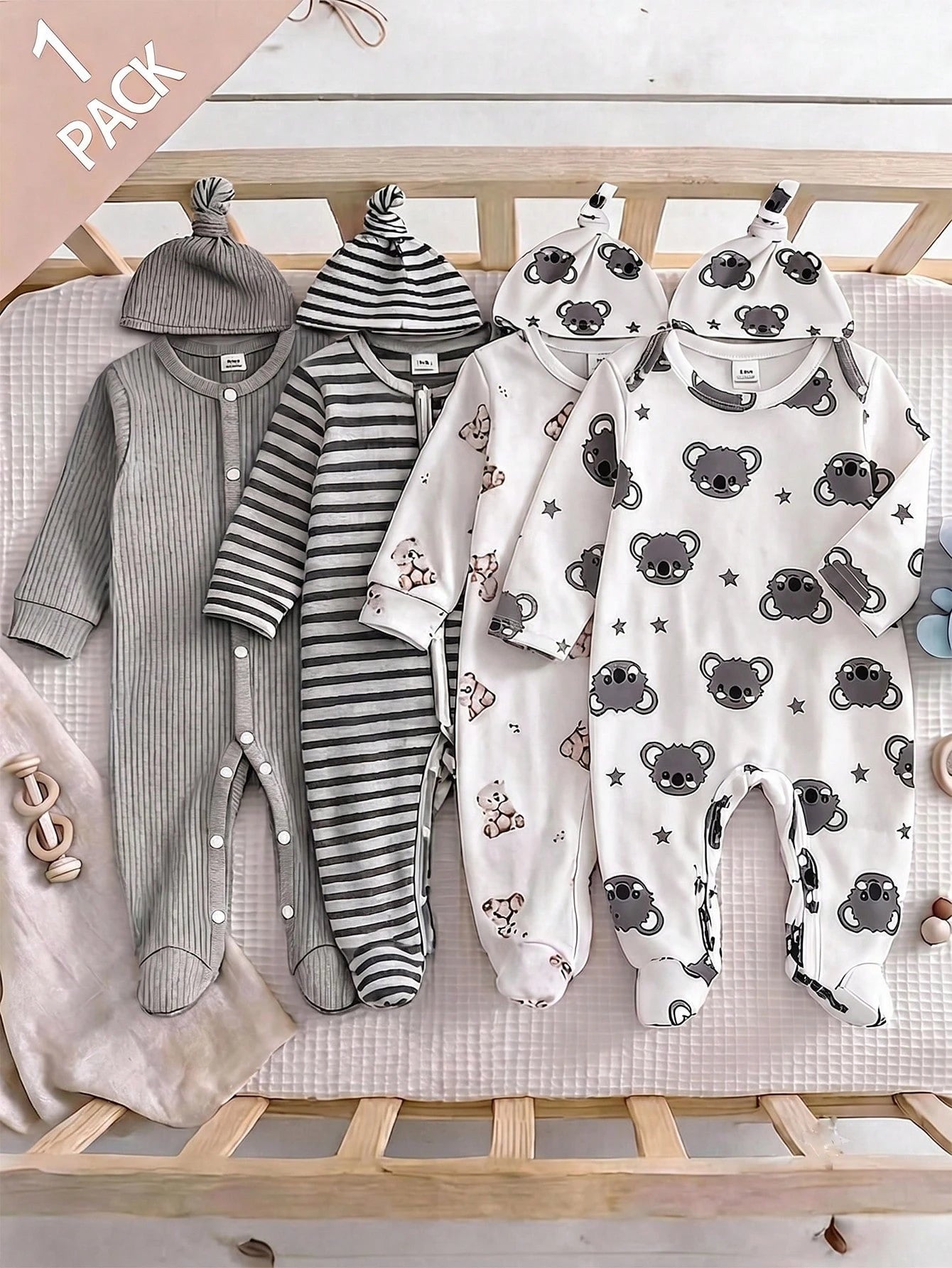 Vintaside Kids 2pcs Newborn Long Sleeve Footed Jumpsuit Hat Set, Knitted Comfortable Soft Cute Koala All-Over Print Pattern Home Wear, Best Gift For Newborn, Versatile Fashion, Best Choice