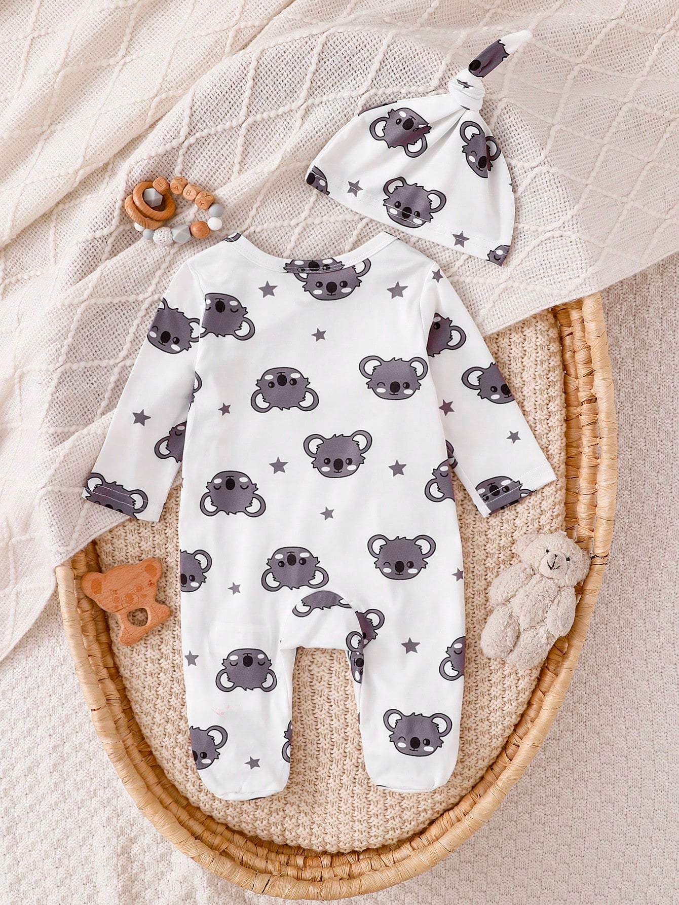 Vintaside Kids 2pcs Newborn Long Sleeve Footed Jumpsuit Hat Set, Knitted Comfortable Soft Cute Koala All-Over Print Pattern Home Wear, Best Gift For Newborn, Versatile Fashion, Best Choice