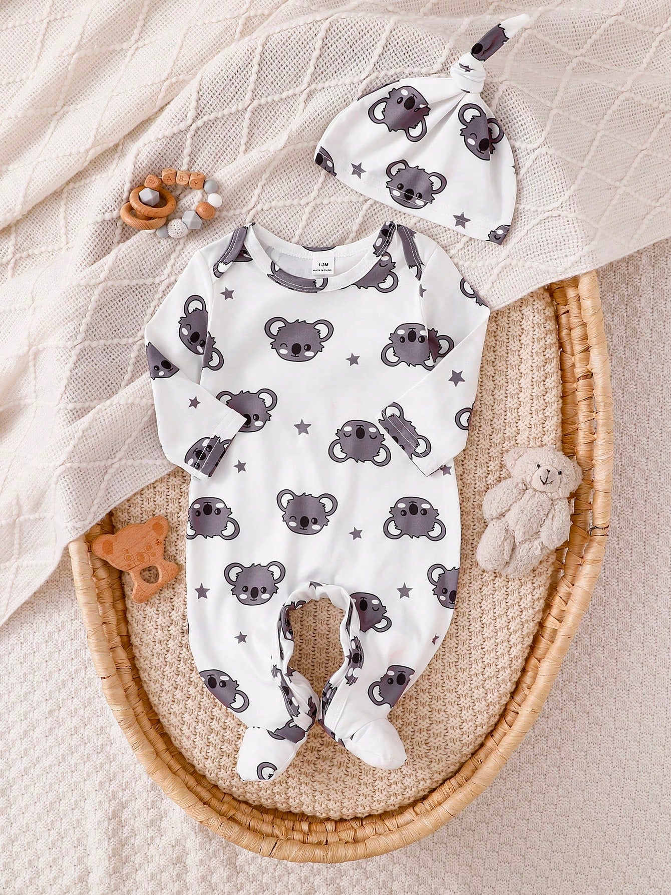 Vintaside Kids 2pcs Newborn Long Sleeve Footed Jumpsuit Hat Set, Knitted Comfortable Soft Cute Koala All-Over Print Pattern Home Wear, Best Gift For Newborn, Versatile Fashion, Best Choice