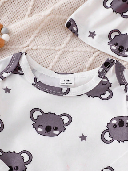 Vintaside Kids 2pcs Newborn Long Sleeve Footed Jumpsuit Hat Set, Knitted Comfortable Soft Cute Koala All-Over Print Pattern Home Wear, Best Gift For Newborn, Versatile Fashion, Best Choice