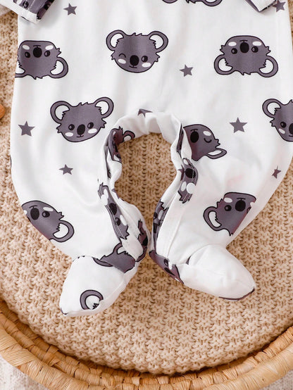 Vintaside Kids 2pcs Newborn Long Sleeve Footed Jumpsuit Hat Set, Knitted Comfortable Soft Cute Koala All-Over Print Pattern Home Wear, Best Gift For Newborn, Versatile Fashion, Best Choice