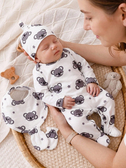 Vintaside Kids 2pcs Newborn Long Sleeve Footed Jumpsuit Hat Set, Knitted Comfortable Soft Cute Koala All-Over Print Pattern Home Wear, Best Gift For Newborn, Versatile Fashion, Best Choice