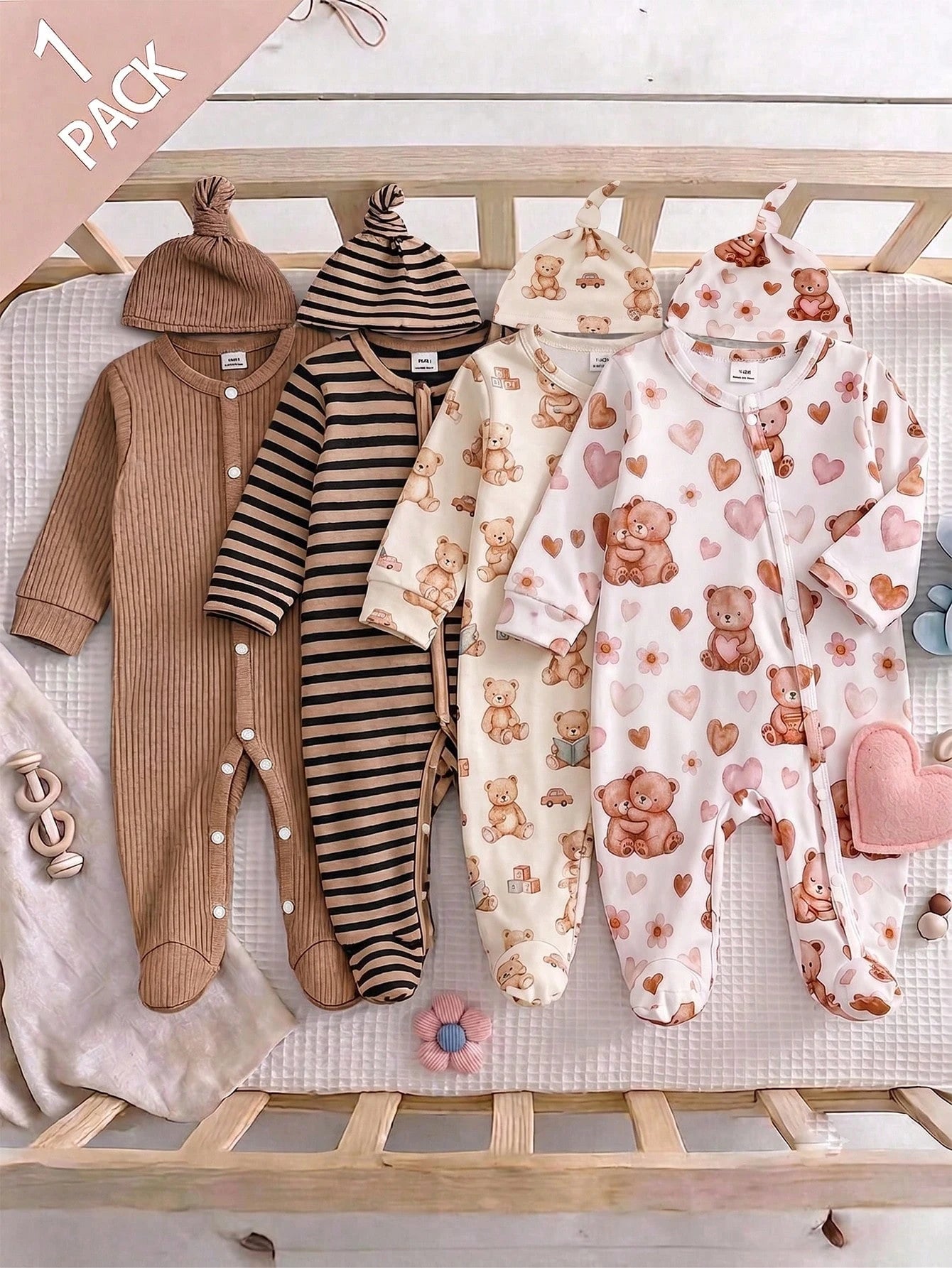 Vintaside Kids 2pcs Newborn Long Sleeve Footed Jumpsuit Hat Set, Knitted Comfortable Soft Cute Koala All-Over Print Pattern Home Wear, Best Gift For Newborn, Versatile Fashion, Best Choice