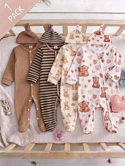 Vintaside Kids 2pcs Newborn Long Sleeve Footed Jumpsuit Hat Set, Knitted Comfortable Soft Cute Koala All-Over Print Pattern Home Wear, Best Gift For Newborn, Versatile Fashion, Best Choice