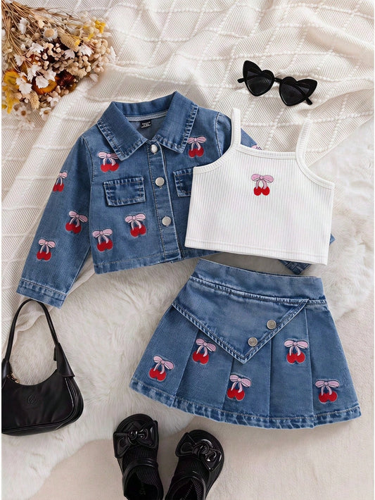 Vintaside Kids 3pcs Baby Girl Denim Sets Long Sleeve Denim Jacket Matching Skirt Cherry Camisole Top Family Matching Autumn Cute Funny