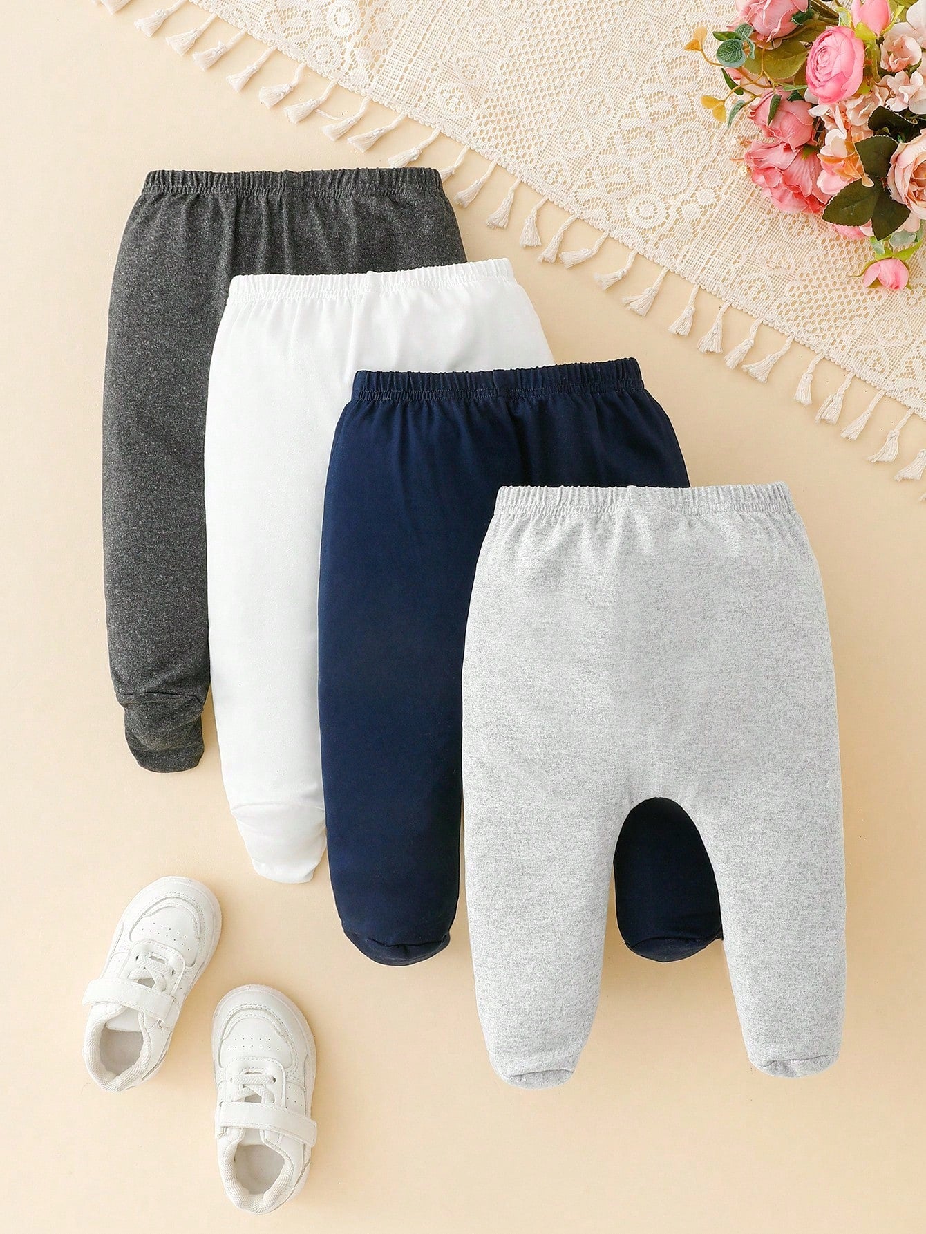 Vintaside Kids 4-Piece Baby Boy Solid Color Minimalist Footed Pants, Suitable For Sports, Home & Casual Wear, Spring/Autumn Baby Trousers
