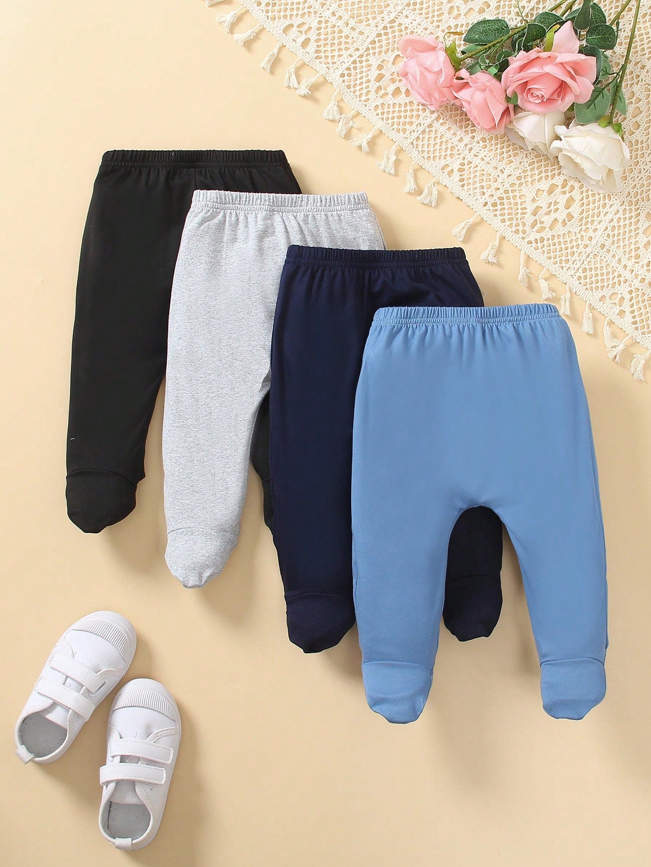 Vintaside Kids 4-Piece Baby Boy Solid Color Minimalist Footed Pants, Suitable For Sports, Home & Casual Wear, Spring/Autumn Baby Trousers