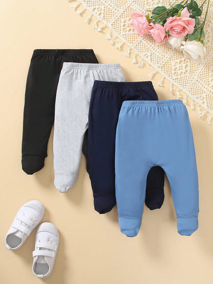 Vintaside Kids 4-Piece Baby Boy Solid Color Minimalist Footed Pants, Suitable For Sports, Home & Casual Wear, Spring/Autumn Baby Trousers